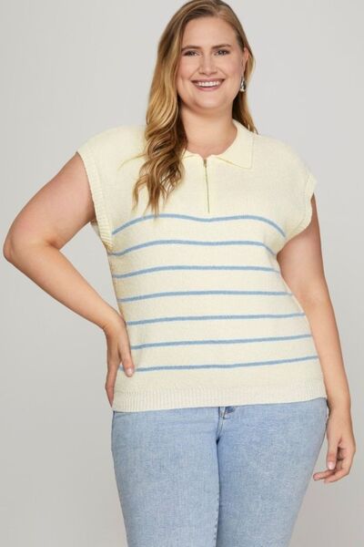 Full Size Ribbed Hem Striped Half Zip Sweater Vest Plus Size