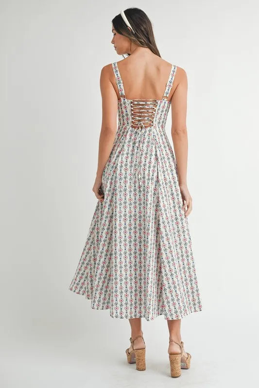 Floral Print Bustier Back Lace Up Midi Dress