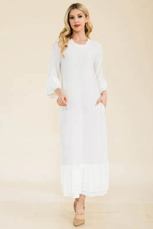 Full Size Modest Midi Dress with 3/4 Ruffle Bell Sleeves Plus Size