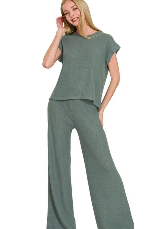 Rolled Sleeve Top and Pants Sweater Set