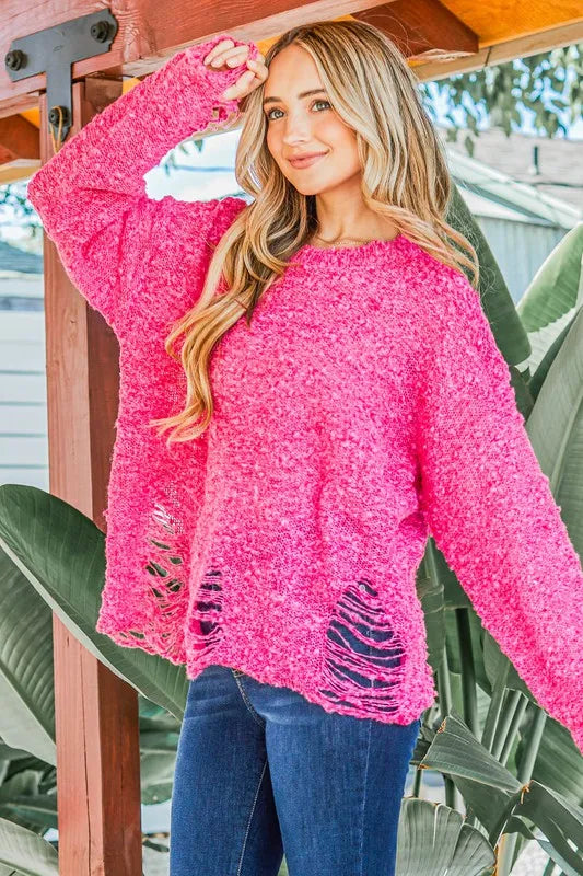 Distressed And Textured Pullover Sweater