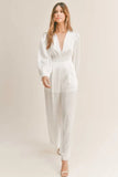 Long Sleeve Deep V Neck Satin Jumpsuit