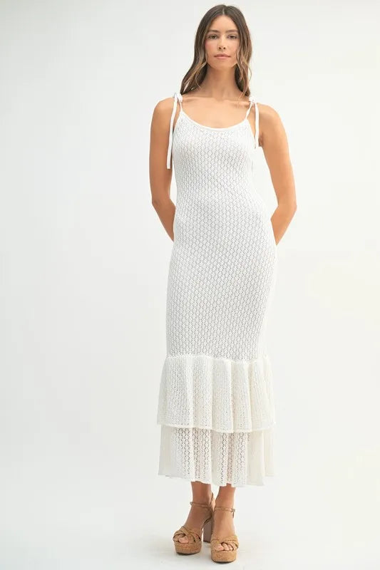 Sleeveless Shoulder Tie Rose Knit Midi Dress