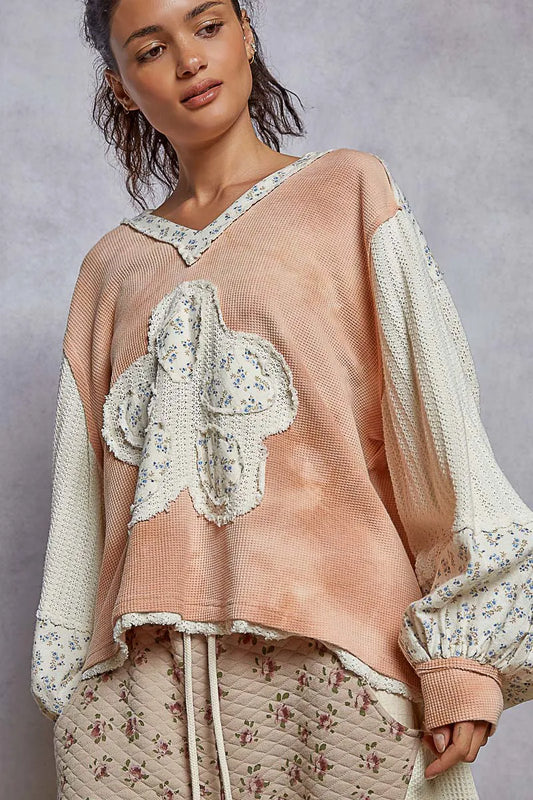 Vintage Edge V-Neck Knit Hoodie with Floral Patch