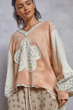 Vintage Edge V-Neck Knit Hoodie with Floral Patch