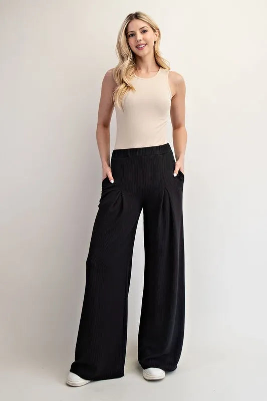 Full Size Ribbed Wide-Leg Pants with Pockets Plus Size