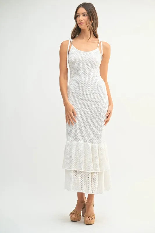 Sleeveless Shoulder Tie Rose Knit Midi Dress