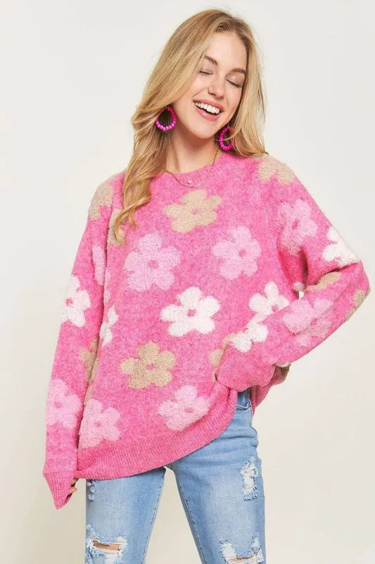Full Size Floral Popped 2-Tone Sweater Top Plus Size
