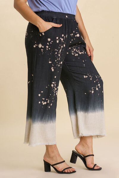 Full Size Raw Hem Linen Blend Bleach Dip Dye Wide Leg Pants Plus Size