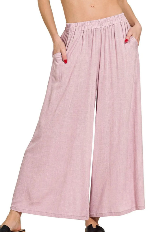 Woven Elastic Band Pants With Pocket