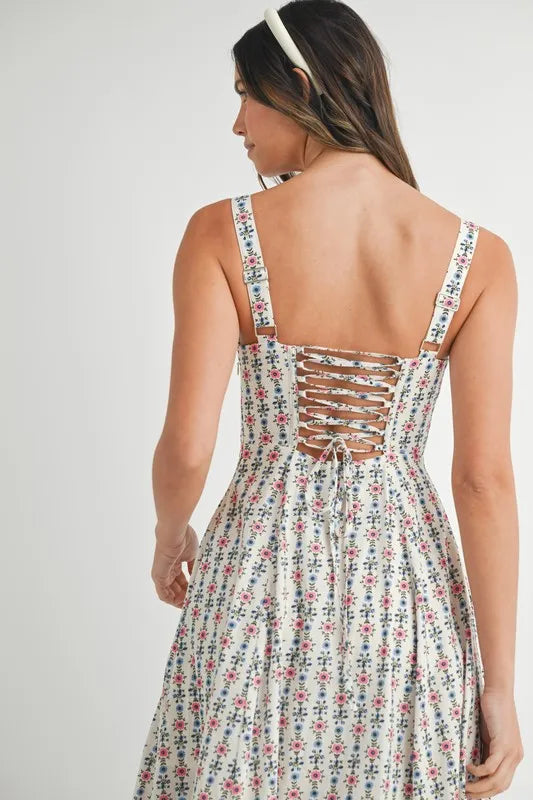 Floral Print Bustier Back Lace Up Midi Dress