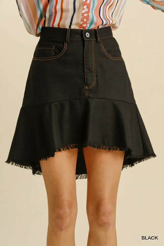 Linen-Blend Skirt with Frayed High-Low Hem and Pockets