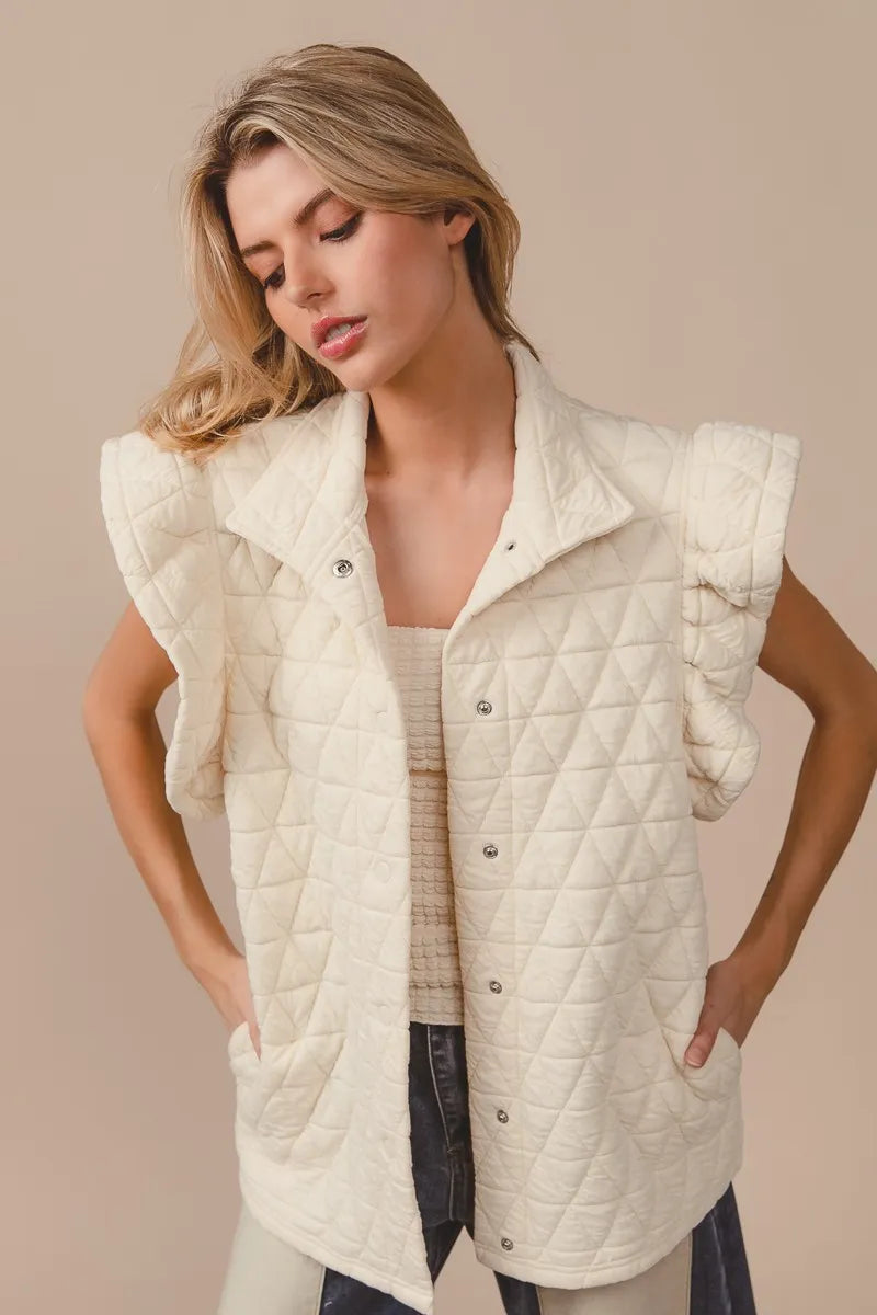 Diamond-Pattern Quilted Ruffle Sleeve Vest