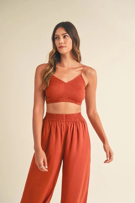 Smocked Bralette Crop Top and Wide Leg Pants Set
