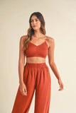 Smocked Bralette Crop Top and Wide Leg Pants Set