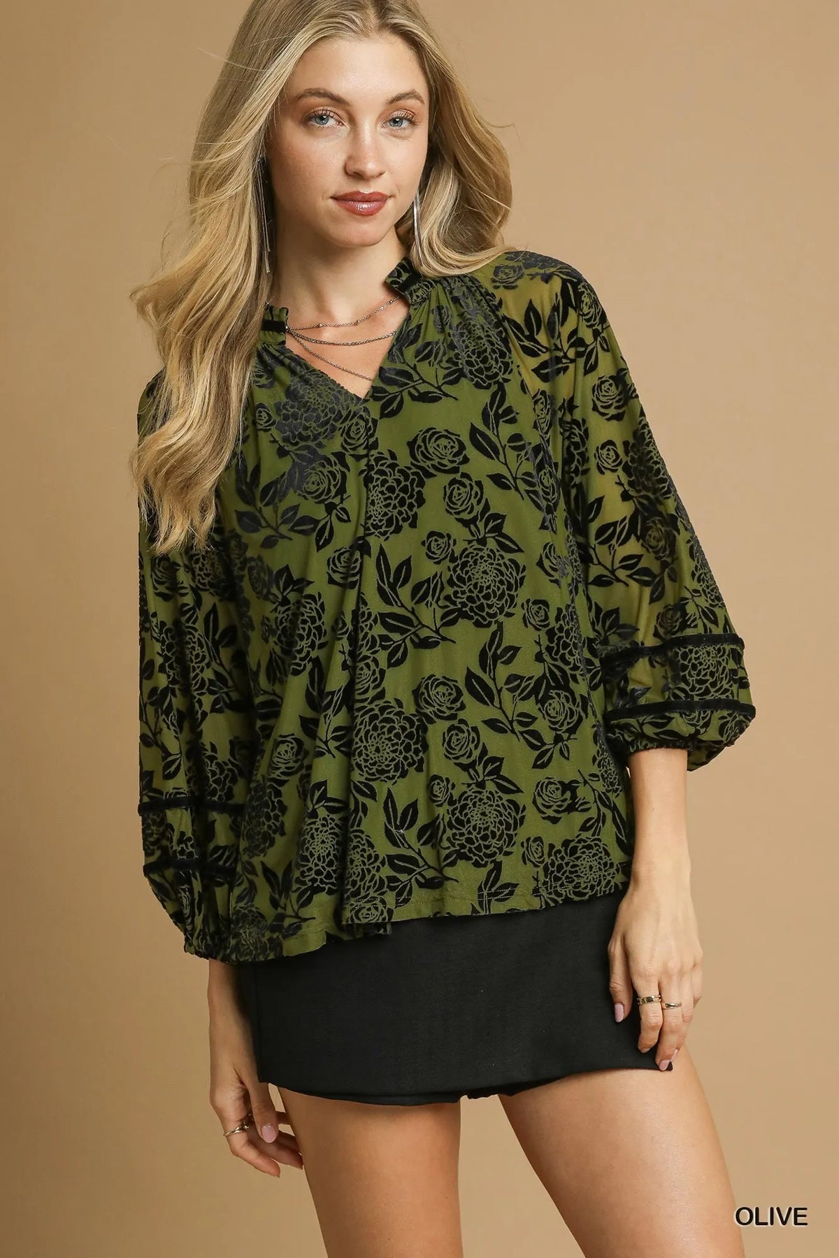 Floral Velvet Blouse with Balloon Sleeves