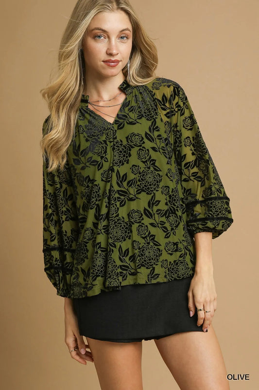 Floral Velvet Blouse with Balloon Sleeves