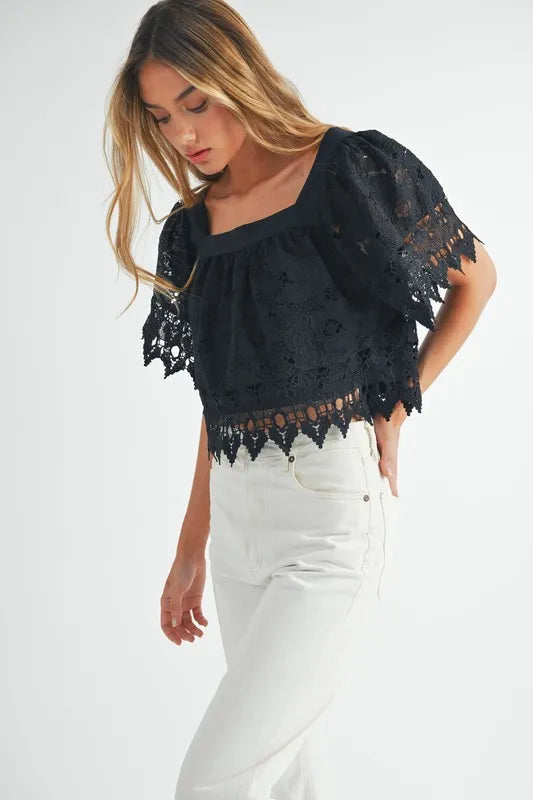 Square Neck Crochet Lace Top With Double Bow Tie