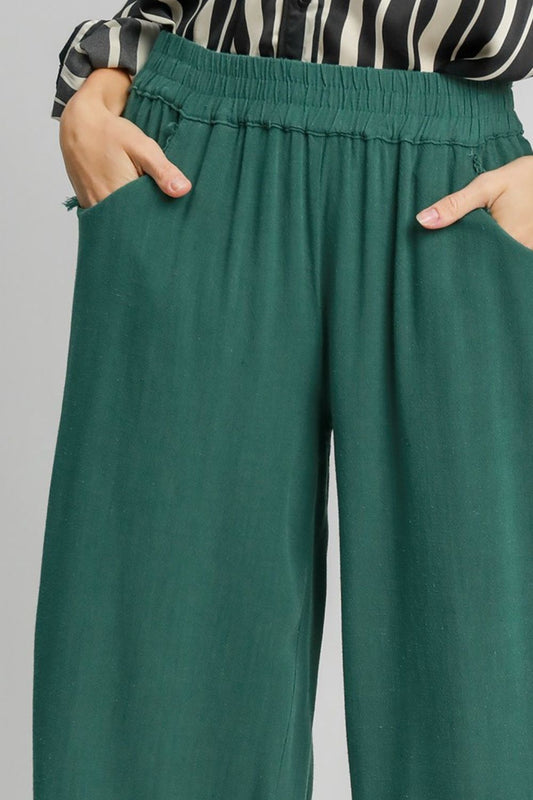 Full Size Linen Blend Elastic Waistband Wide Leg Pants Plus Size