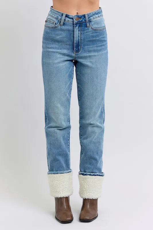 Full Size High Waist Shearling Cuff Straight Plus Size