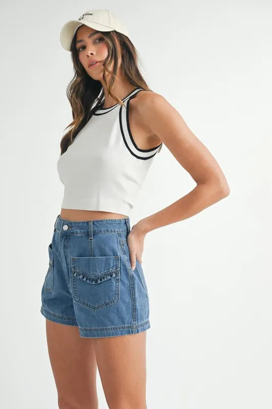 Contrast Trim Grecian Neck Cropped Tank