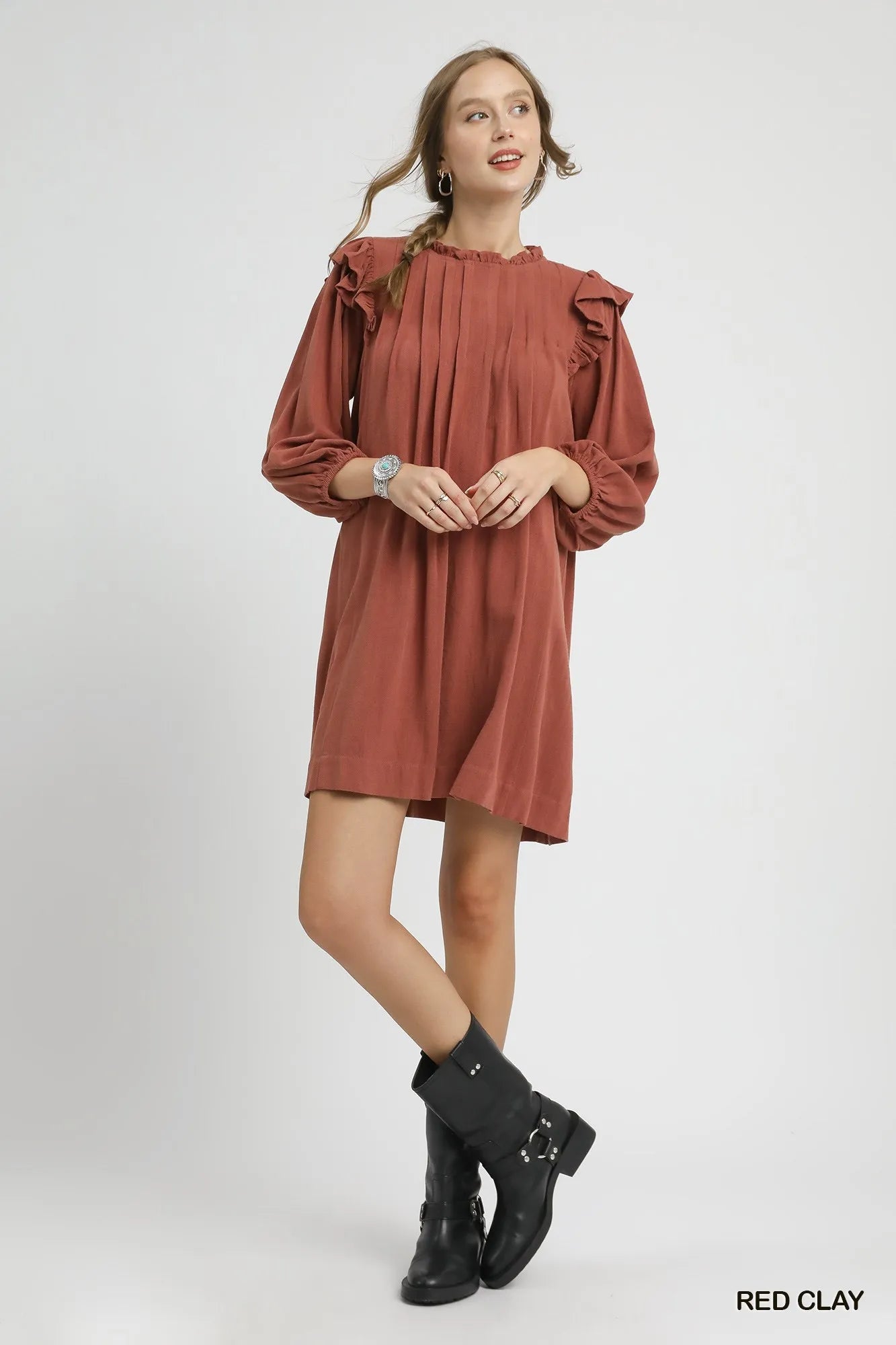 Ruffle-Shoulder Linen Pleated Babydoll Dress