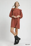 Ruffle-Shoulder Linen Pleated Babydoll Dress