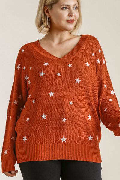 Full Size Star V-Neck Long Sleeve Sweater Plus Size