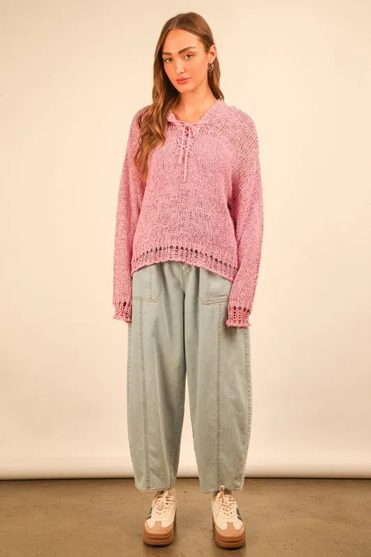 Oversized Openwork Lace Up Hooded Sweater