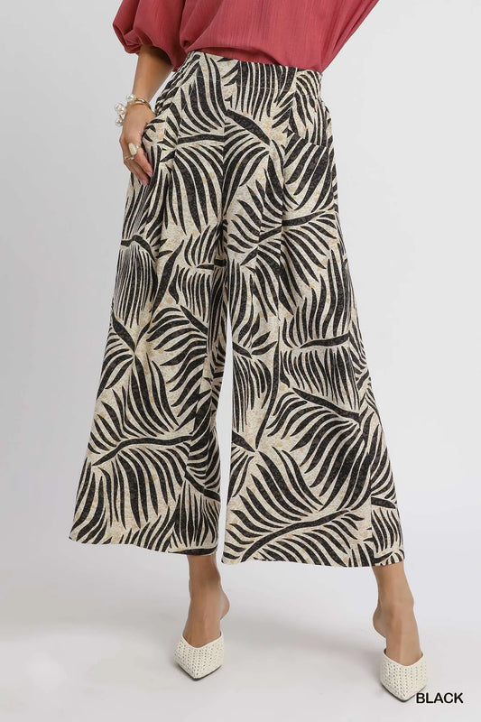 Tropical Palm Print Wide-Leg Culotte Pants