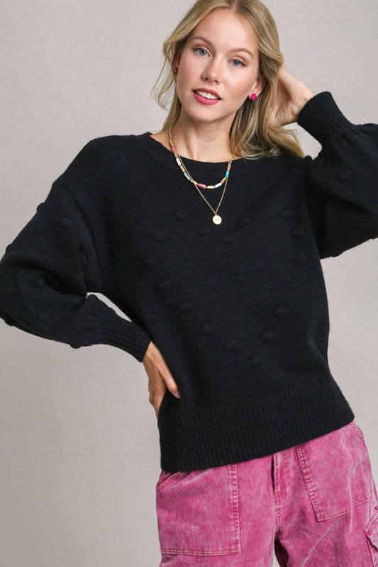 Full Size Pom Pom Knit Heart Front Round Neck Sweater Plus Size