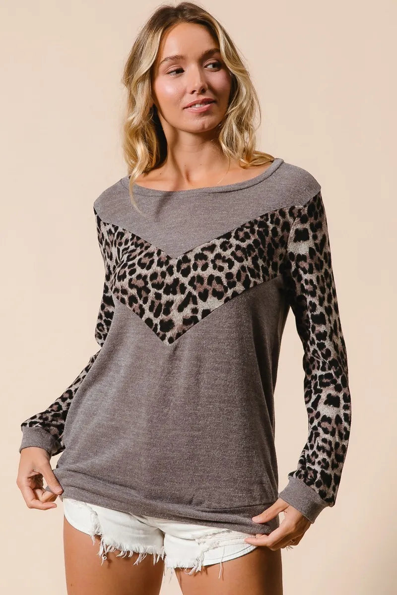Leopard Panel Knit Pullover with V-Shape Design