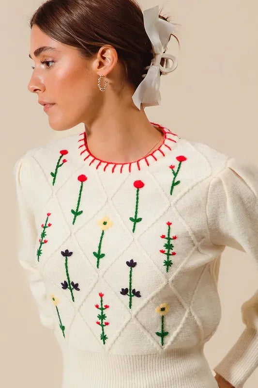 Small Flower Embroidered Sweater Top