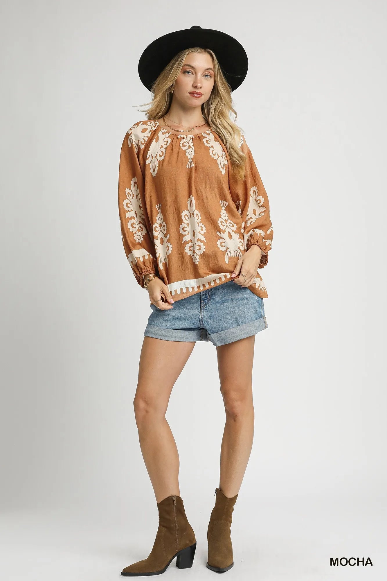 Full-Size Chic Border Print Top with Balloon Sleeves