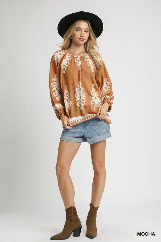 Full-Size Chic Border Print Top with Balloon Sleeves