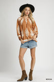 Full-Size Chic Border Print Top with Balloon Sleeves