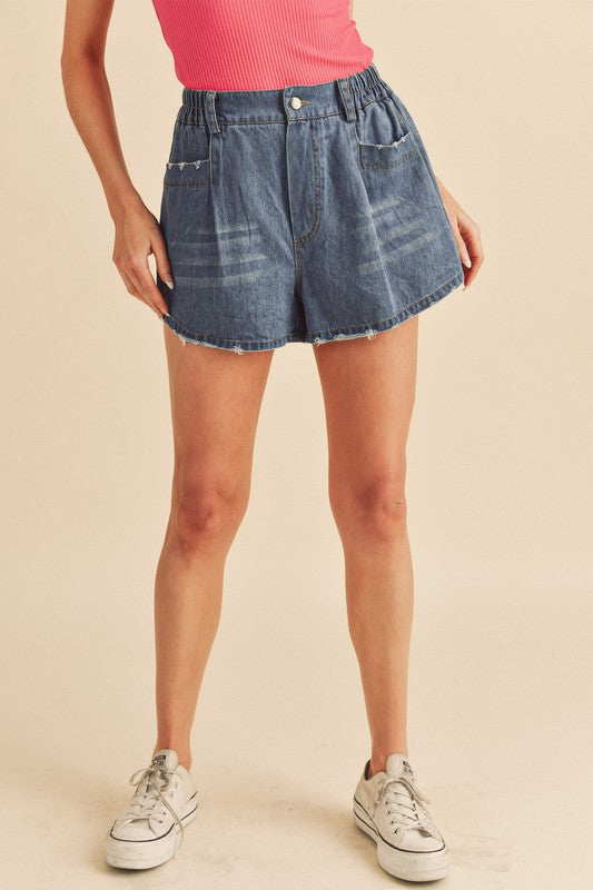 Frayed Hem Elastic Waist Denim Shorts