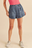 Frayed Hem Elastic Waist Denim Shorts