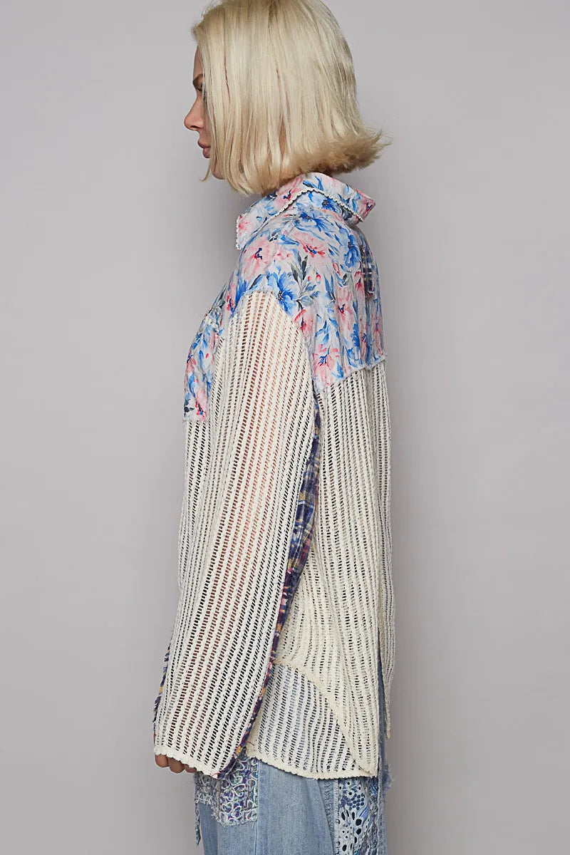 Patchwork Floral Button-Up Blouse with Knit Overlay
