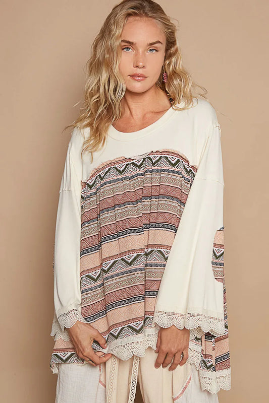 Boho Tribal Print Long Sleeve Blouse with Fringe Trim