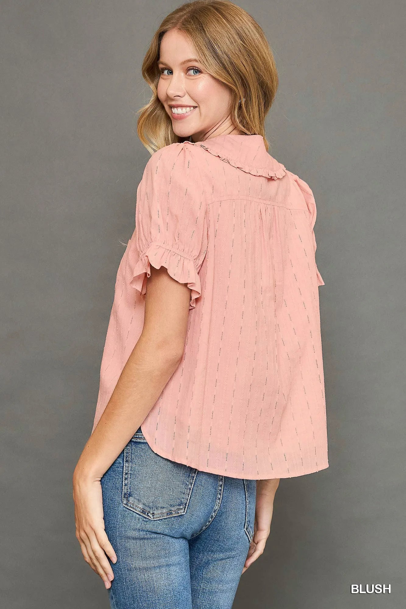 Button-Up Peter Pan Collar Textured Shirt with Ruffle Accents