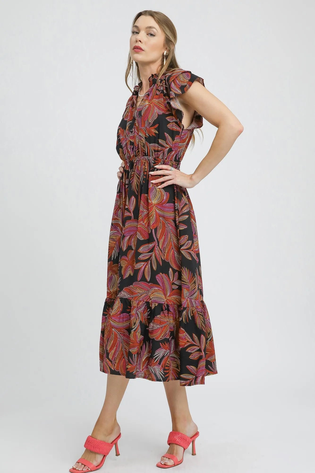Tropical Flair V-Neck Midi Dress