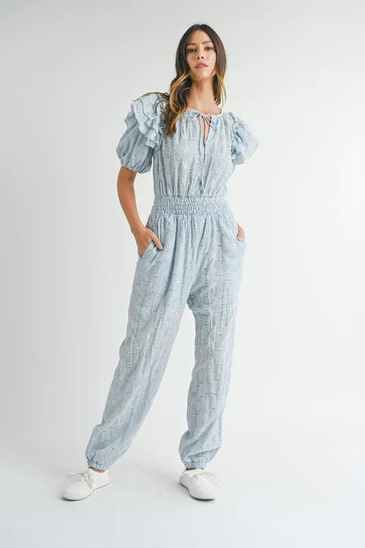 Eyelet Lace Ruffle Shoulder Jumpsuit