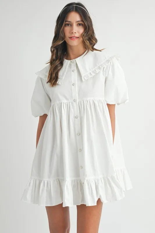 Ruffled Hem Peter Pan Collar Button Down Mini Dress