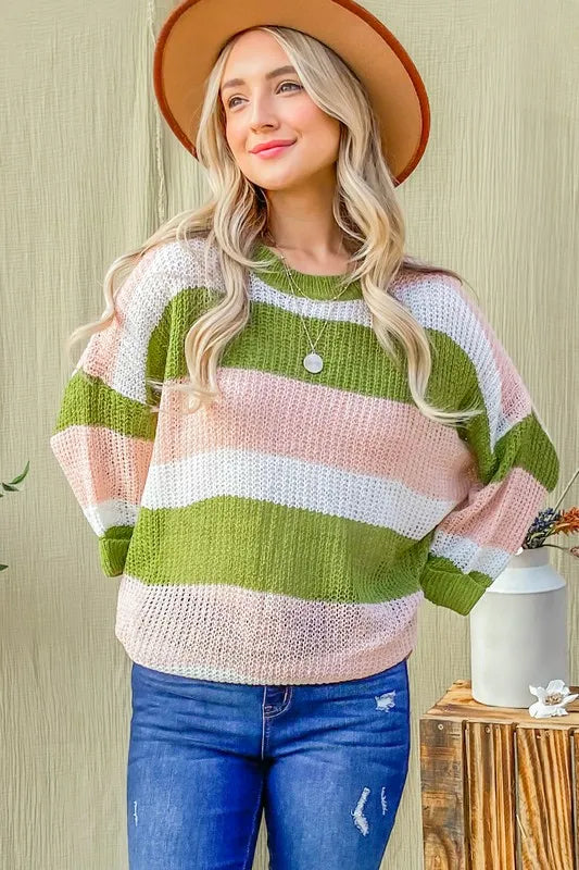 Multi Striped Mesh Pullover Spring Sweater