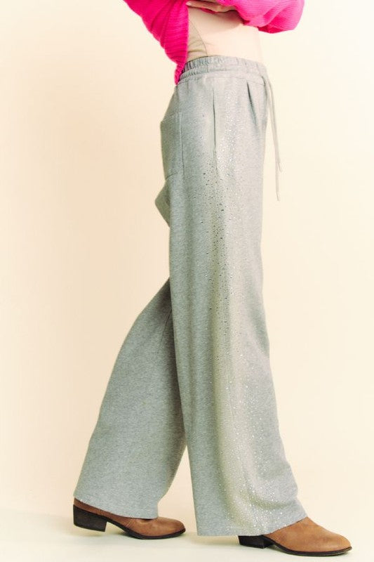 Rhinestone Elastic Waist Wide Leg Pants