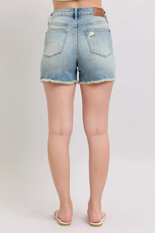 High Rise Washed Fly Stitch Detail and Destroy Denim Shorts