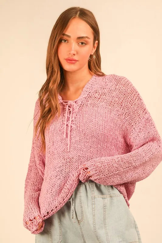 Oversized Openwork Lace Up Hooded Sweater