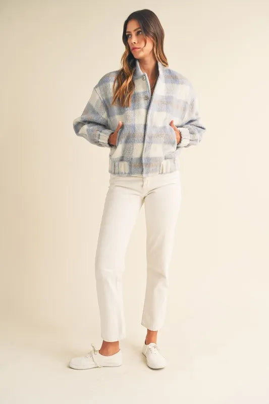 Plaid Print Fuzzy Bomber Jacket