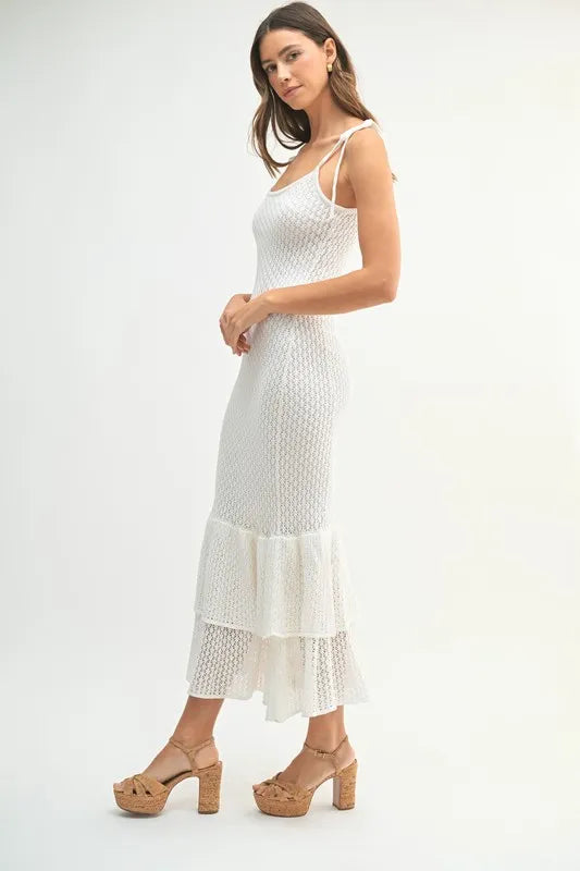 Sleeveless Shoulder Tie Rose Knit Midi Dress